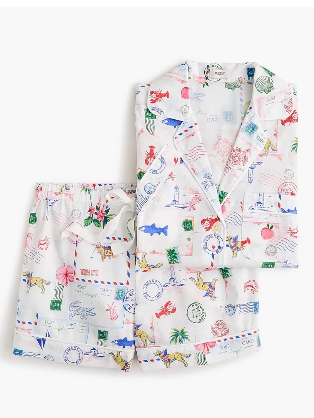 J. Crew White Postcard Print Pajama Set - Short Sleeve & Shorts